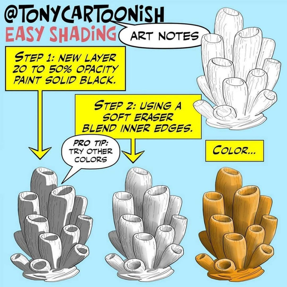Tonycartoonish's tweet photo. This is how I do most of my shading. My color flats layer is on a layer below the shadinging and line layers. You can repeat this shading process on additional layers to add more realism and light sources.
#artnotes #arttips #drawingtips #arttutorial #howtodraw #tcartnotes https://t.co/YtZ5ySHyjz