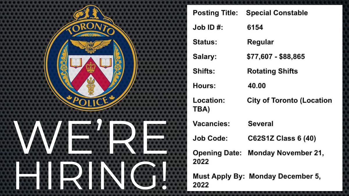 Are you looking for an amazing career? The <a href="/TorontoPolice/">Toronto Police</a> is currently seeking applicants for various positions including #SpecialConstable &amp; #PoliceConstable! Contact <a href="/TPSRecruiting/">Toronto Police Talent Acquisition</a> for more info or visit TPS.ca/careers. You can achieve your goals &amp; make a difference.