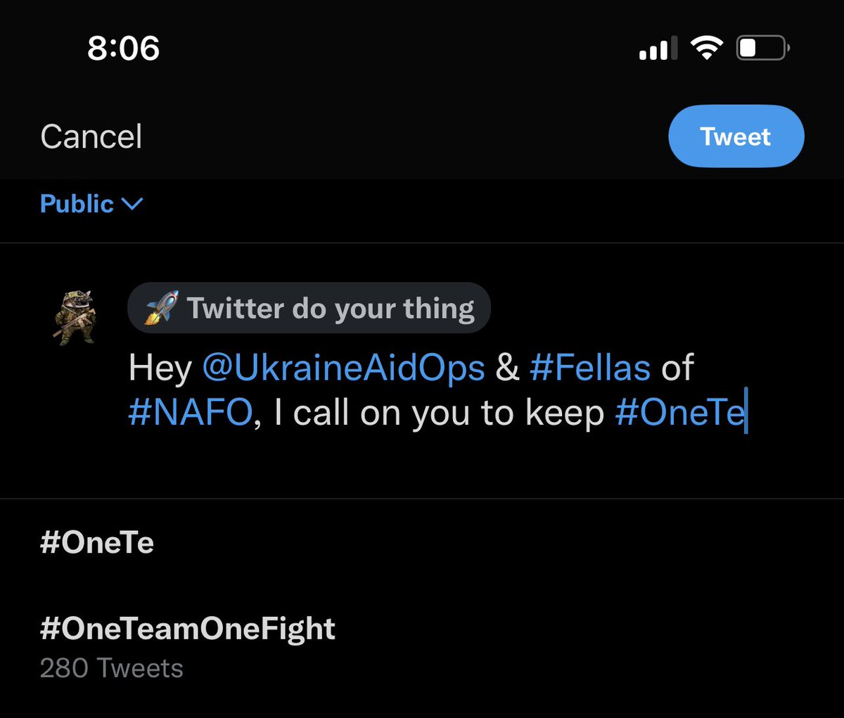 AR_UKR_JW's tweet photo. Hey @UkraineAidOps & #Fellas of #NAFO, I call on you to keep #OneTeamOneFight trending!
To that I would also like to add #OneVictory!
#СлаваУкраїні #ГероямСлава https://t.co/lPQQGSacZ5