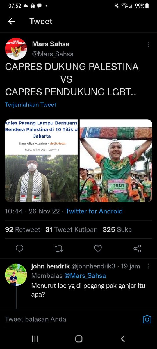 Jadi buzzer <a href="/aniesbaswedan/">Anies Rasyid Baswedan</a> koq soax kek gini.Sejak kapan kain Kain Tenun Ulos simbol LGBT 😂.Apa loe <a href="/Mars_Sahsa/">Mars Sahsa</a> mau bilang kalo Medan itu daerah LGBT sedang kain tenun ulos tersebut dikasih warga setempat ke pak <a href="/ganjarpranowo/">Ganjar Pranowo</a> waktu acara BJRFBM diistana Maimun Medan