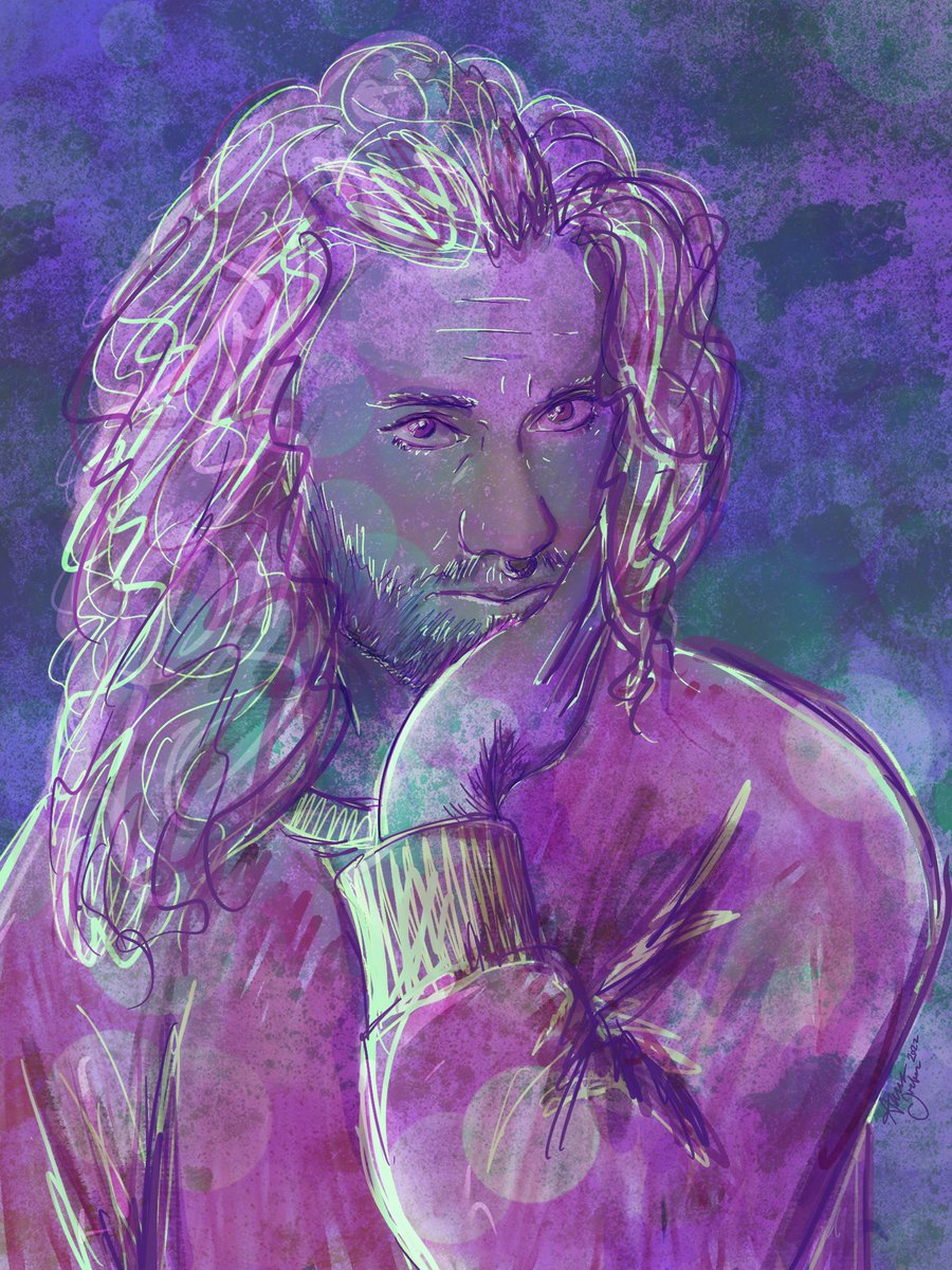 Digital drawing of Ed in purples and greens, based on an image from post 552 from Piña Coladas