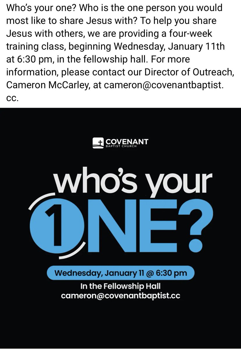 mccarleyc_61's tweet photo. Looking forward to leading this evangelism training. Please join us as we see the simplicity of sharing the Gospel with the lost. #whosyourone https://t.co/wCvKjsjclJ