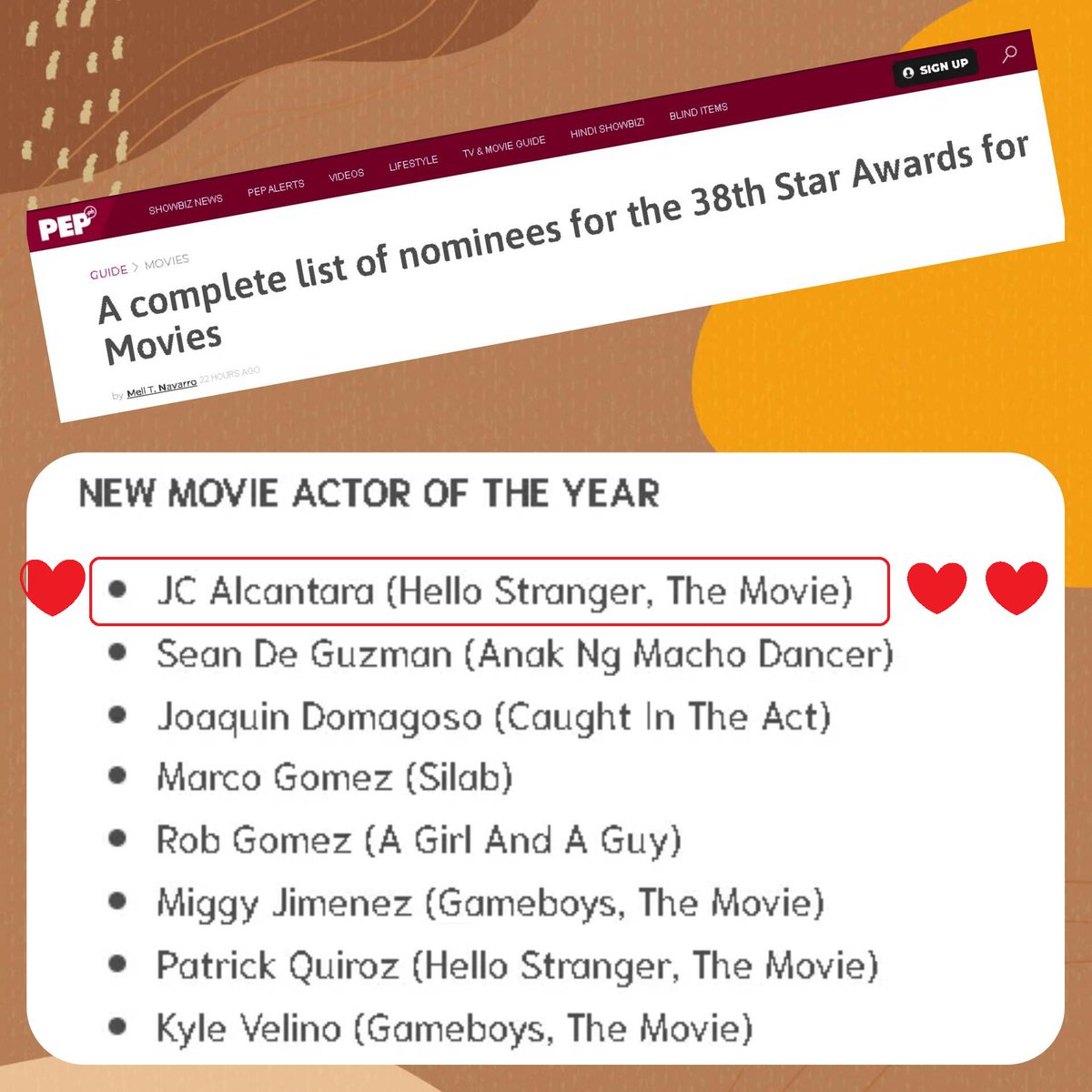 MySweetKaye's tweet image. Congratulations @imJCAlcantara for being nonimated as the NEW MOVIE ACTOR OF THE YEAR in the 38th STAR AWARDS FOR MOVIES for Hello Stranger the Movie! 
wishing u more nominations &amp;amp; awards 2 come! 
MK's sooo proud of u MICO!!!❤️
#StarAwardsforMovies
#JCTon

pep.ph/guide/movies/1…