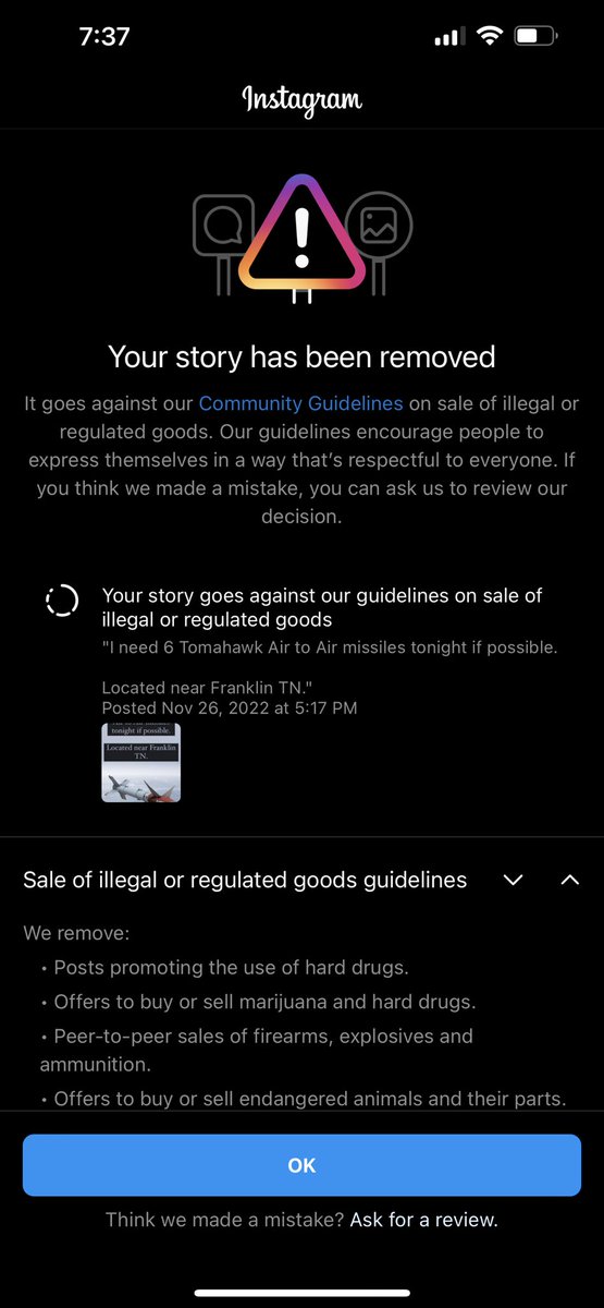 whistlindiesell's tweet photo. Hello everyone. Tonight I made a story post on Instagram regarding my need for several air to air tomahawk missiles. It was deleted. Because of this, I will no be using Twitter. Thank you https://t.co/RwXEzxhsZY