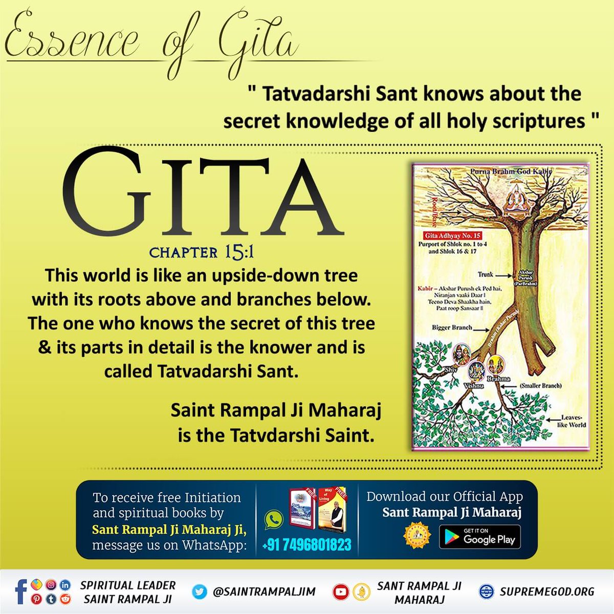 In Gita Chapter 15 Verse 1, the identity of the metaphysical saint has been told that Tattavdarshi Saint correctly describes all the parts of the tree.
    -Tatvadarshi Saint Rampal Ji Maharaj #हिन्दू_धर्म_महान