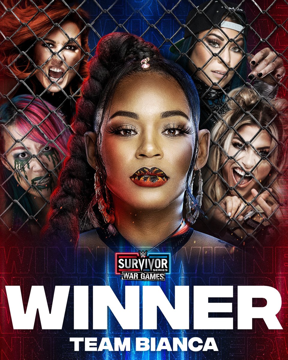 WWE's tweet photo. Team @BiancaBelairWWE wins inside #WarGames following a spectacular @BeckyLynchWWE leg drop off the top of the cage for the win!

#SurvivorSeries https://t.co/3HiGP3opha