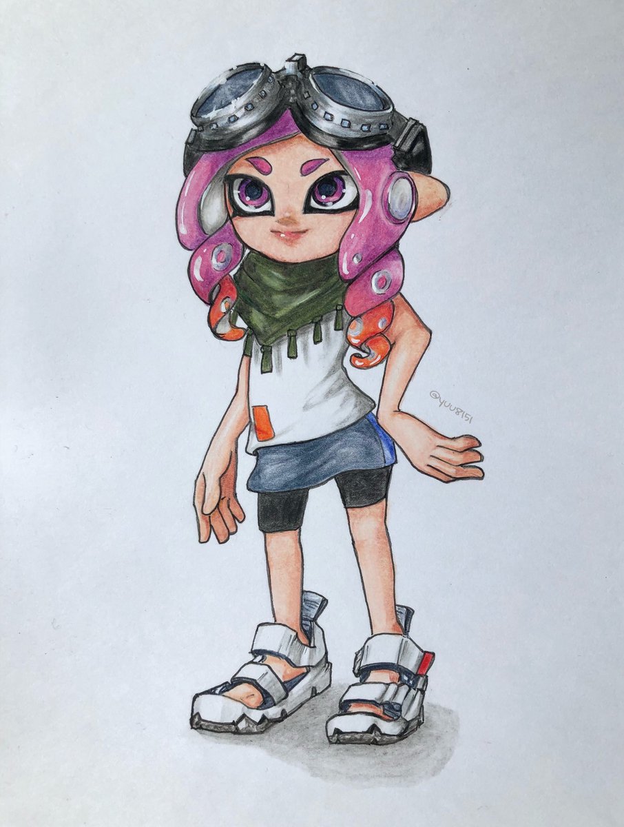octoling 1girl solo tentacle hair bike shorts skirt goggles suction cups  illustration images