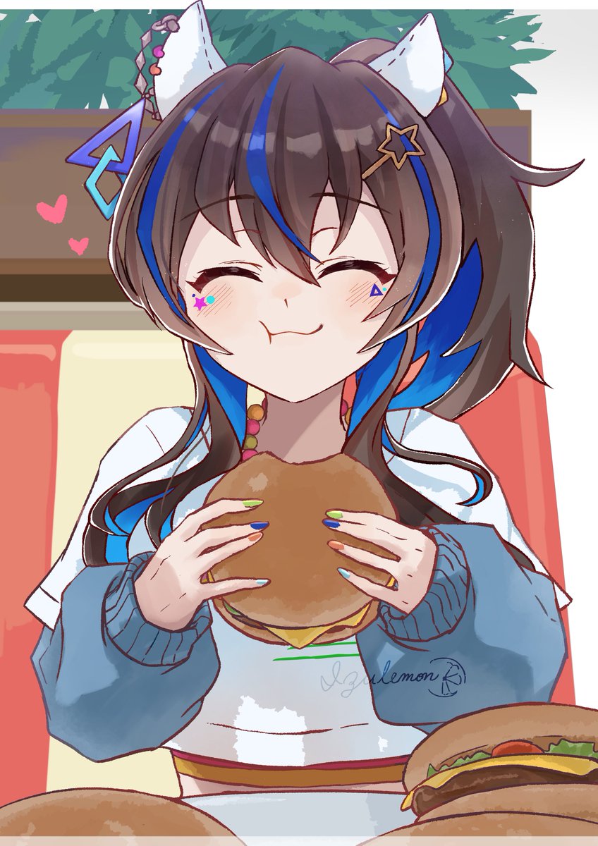 1girl burger food horse ears animal ears closed eyes solo  illustration images