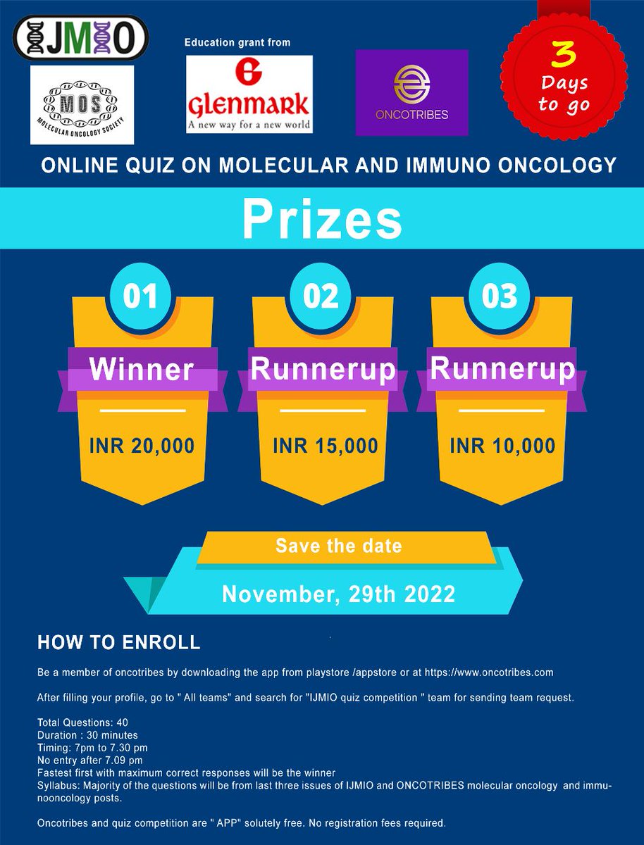 DrJyothi6's tweet photo. Quiz on Molecular and Immuno-oncology on Nov 29th 2022. Update/download Oncotribes app at Google Play Store/ App Store to participate .
Login to https://t.co/Rl5i0FkcI9 to access last three issues of IJMIO (International Journal of Molecular and Immuno Oncology)
#quiz #oncology https://t.co/j9wjv73mVp