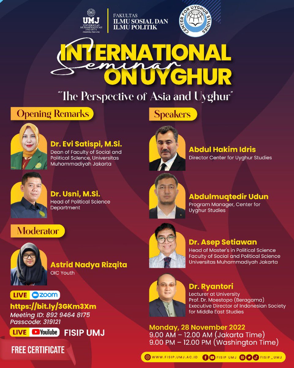 Join us on this seminar on the #Uyghurs at University Muhammadiya of Jakarta to learn about the #UyghurGenocide