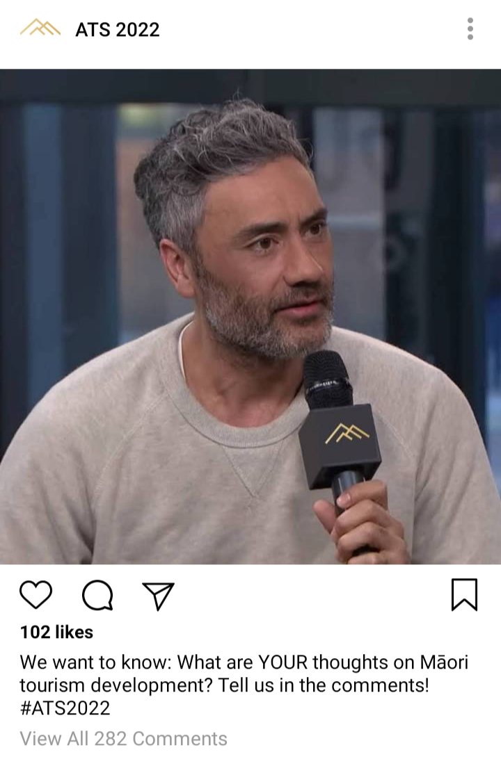 ATS IG account: picture of Ed onstage, talking into mic. Caption reads "We want to know: What are YOUR thoughts on  Māori tourism development? Tell us in the comments!" 282 comments. 