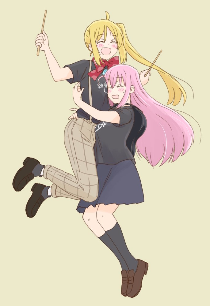 gotou hitori ,ijichi nijika multiple girls 2girls pink hair shirt long hair skirt closed eyes  illustration images