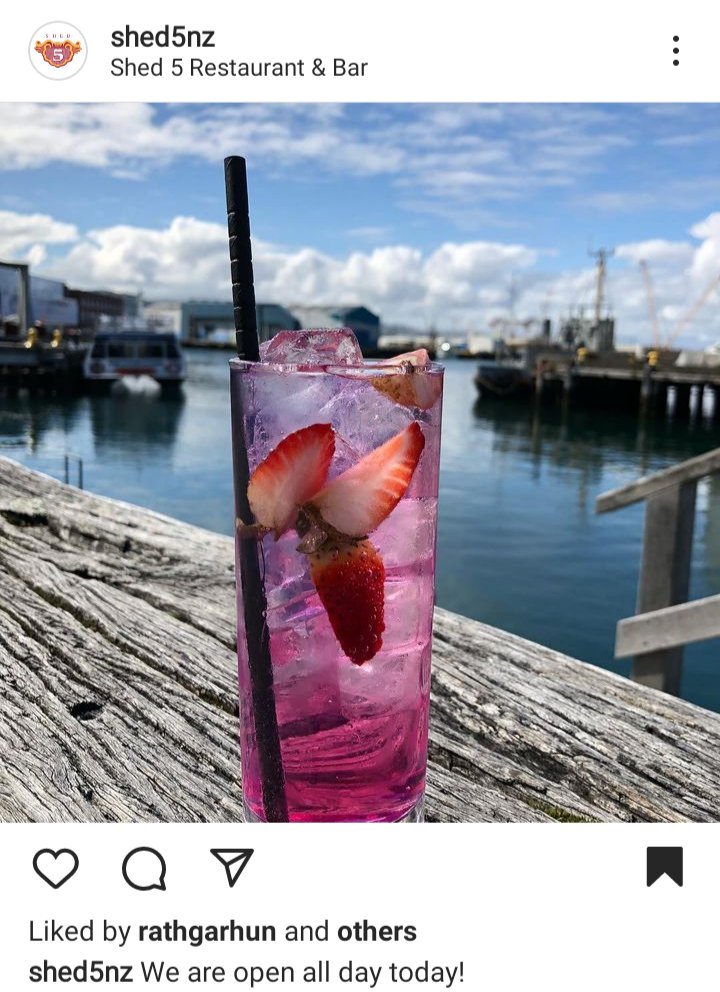 Shed 5 IG account: picture of cocktail in front of water. Caption reads "We are open all day today!" 