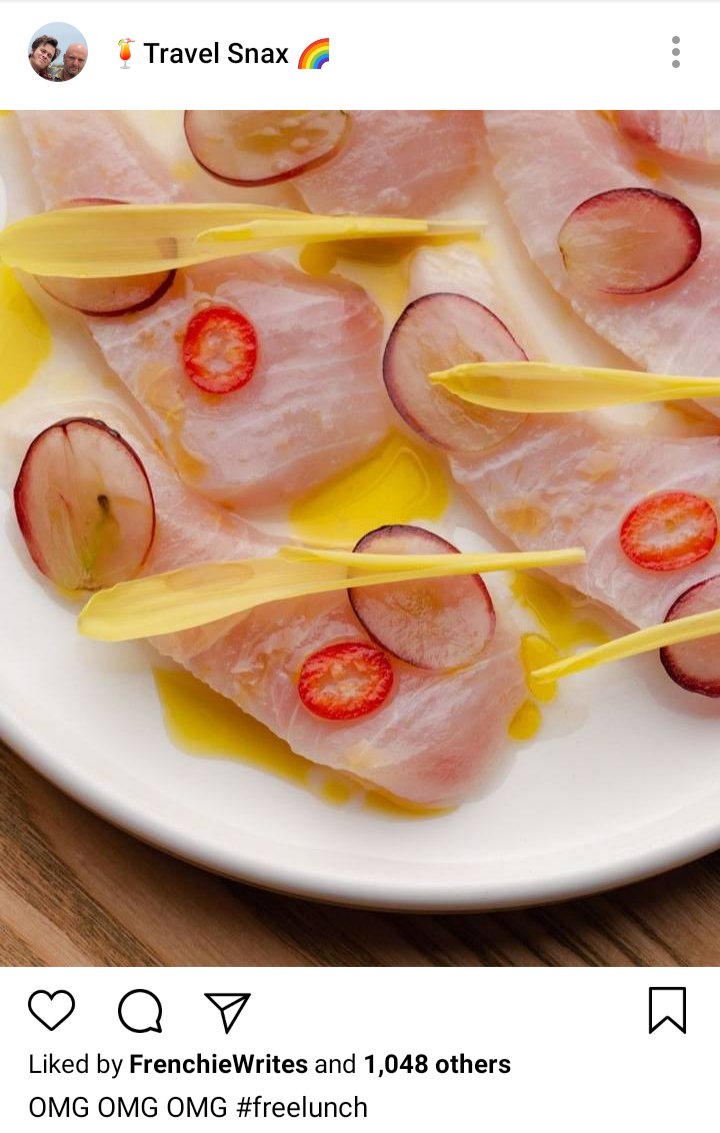 Lucius'IG: picture of crudo, fish with flower petals and radish and pepper. Caption reads "OMG OMG OMG #freelunch" 