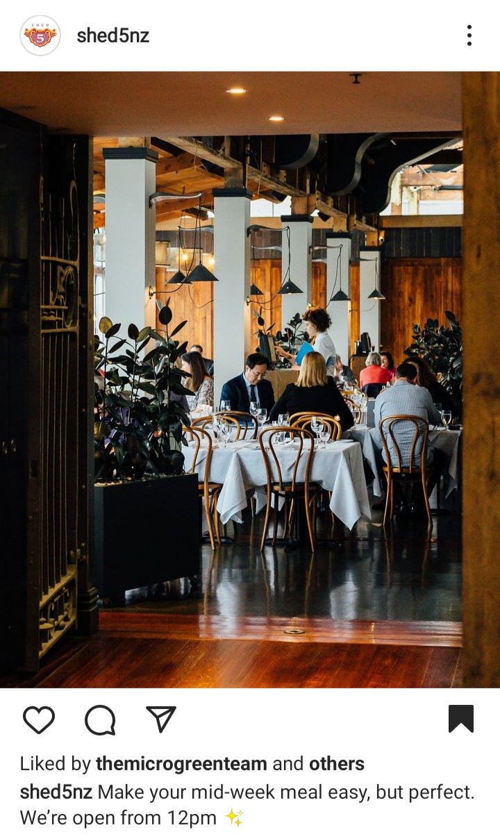 Shed 5 IG account: picture of interior of the restaurant. Caption reads "make your midweek meal easy but perfect. We're open from 12PM."