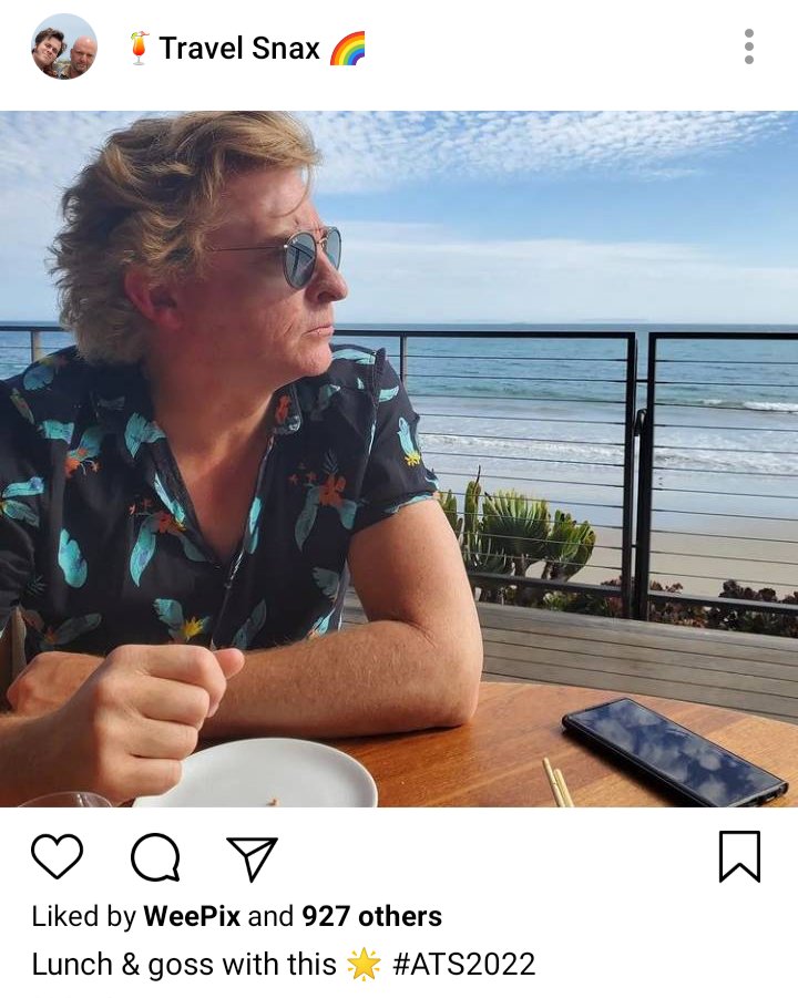 Lucius' IG: Picture of Stede at lunch looking over the water. Caption reads "lunch & goss with this 🌟