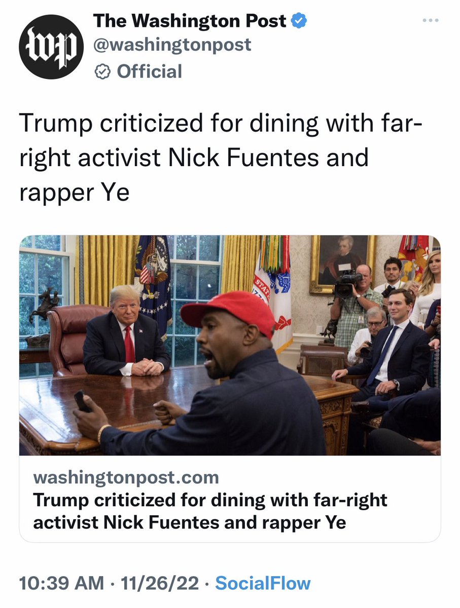 He didn’t dine with a “far-right activist.” He dined with A FUCKING NAZI. Trump himself is *also* a white supremacist whose father was literally in the KKK and Richard Nixon’s DOJ had to sue him to get him to allow black people to purchase units in Trump Tower. This is the <a href="/GOP/">GOP</a>.