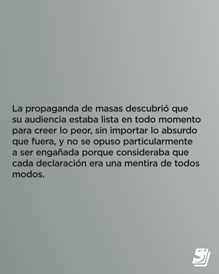 Elsistemadr's tweet photo. “Jamás ha sido tan imprevisible nuestro futuro, jamás hemos dependido tanto de las fuerzas
políticas, fuerzas que parecen pura insania …”

Feliz Sábado

#arendt #hannaharendt #liberalismo #liberalismotriste #realidadpolítica #historiografia https://t.co/fjXBFQMRgA