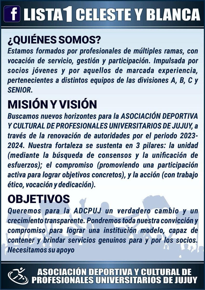 faridastorga's tweet photo. Vamos que vamos!!! Este 3 de Diciembre acompañá a la Lista 1 Celeste y Blanca 💙🤍💪 en las elecciones de la Asociación Deportiva y Cultural de Profesionales Universitarios de Jujuy. Votá por el verdadero cambio! Apoyanos con tu voto 🙂👍 https://t.co/fNkbIkxdXk