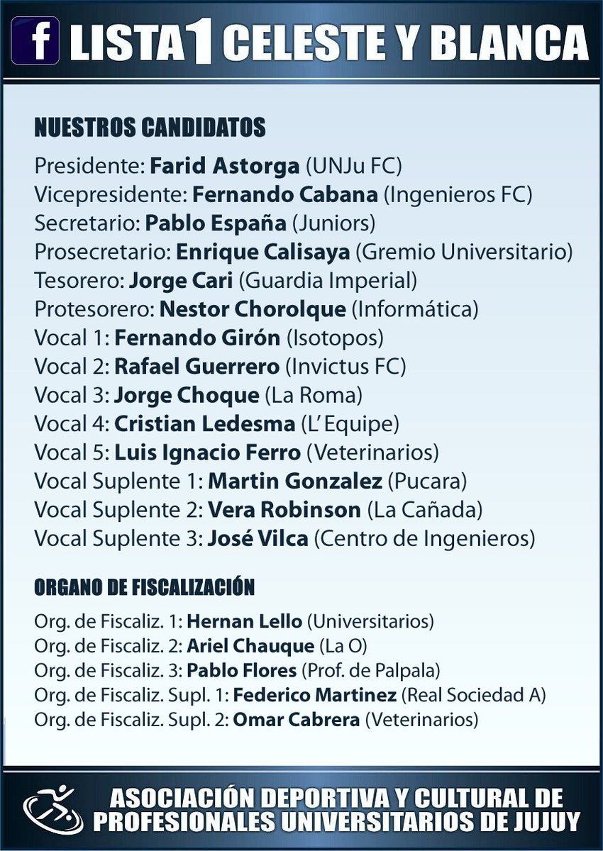 Vamos que vamos!!! Este 3 de Diciembre acompañá a la Lista 1 Celeste y Blanca 💙🤍💪 en las elecciones de la Asociación Deportiva y Cultural de Profesionales Universitarios de Jujuy. Votá por el verdadero cambio! Apoyanos con tu voto 🙂👍
