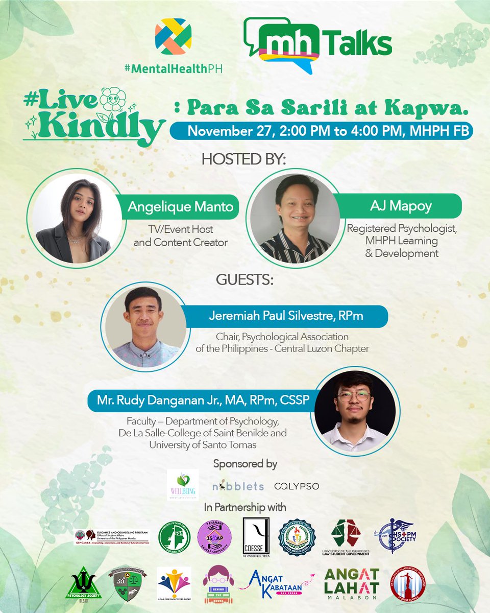 mentalhealthph's tweet image. Magandang araw, champs! Ito na ang pinakahihinatay na Season 4 ng #MHTalks. Sasamahan tayo nina Angelique Manto at AJ Mapoy bilang ating hosts ngayong araw. Kitakits tayo at 2pm!

#MHTalksS4
#LiveKindly