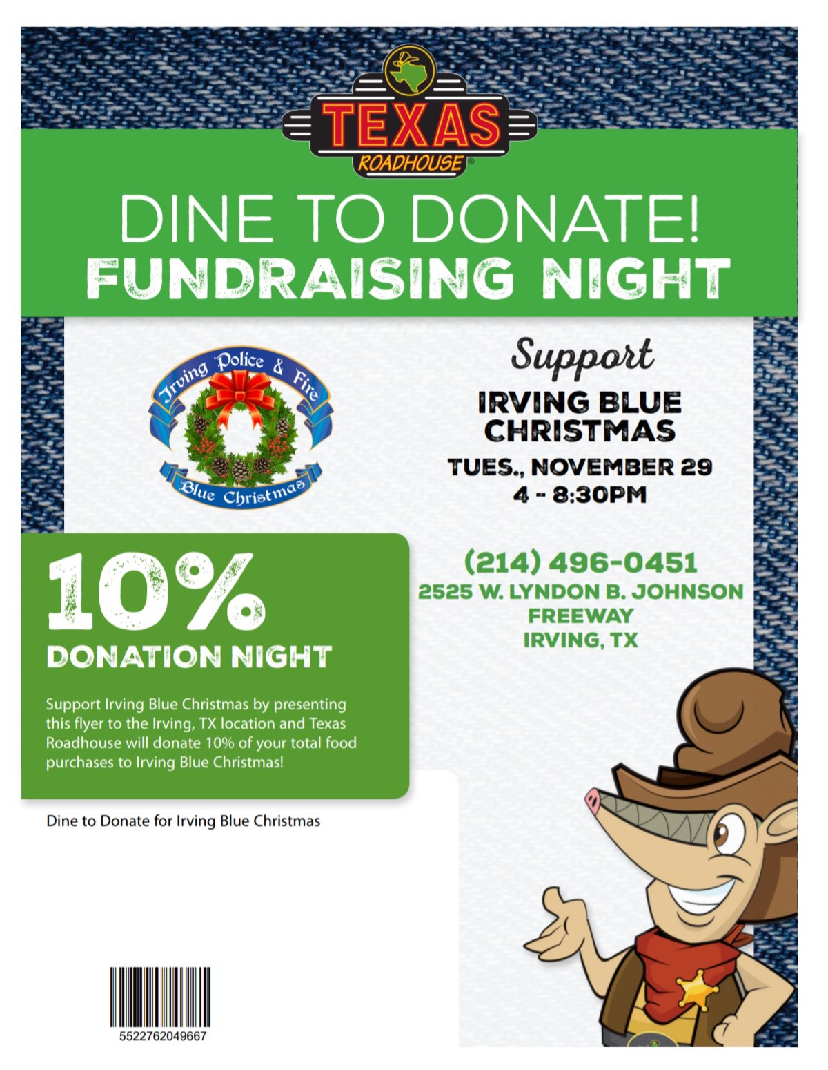 Irving Police Dept. On Twitter: Tired Of Eating Leftover Turkey?!  @Texasroadhouse Is Supporting @Bluechristmas1 W/ A Donation Night On 11/29.  They Are Donating 10% Back From All Food/Gift Card Purchases! Enjoy A