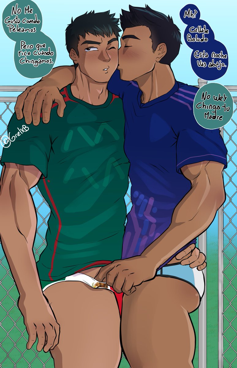GrelxB's tweet photo. a quick drawing i did today of two latin bf one from Mexico and the other from Argentina, after today's match, the text says: 

M: -I hate when we fight, i love when we fuck.

A: - shut up, you bottoming tinight.

M: - go fuck yourself.
(not literally but something like that) https://t.co/5TUbFqsgO4