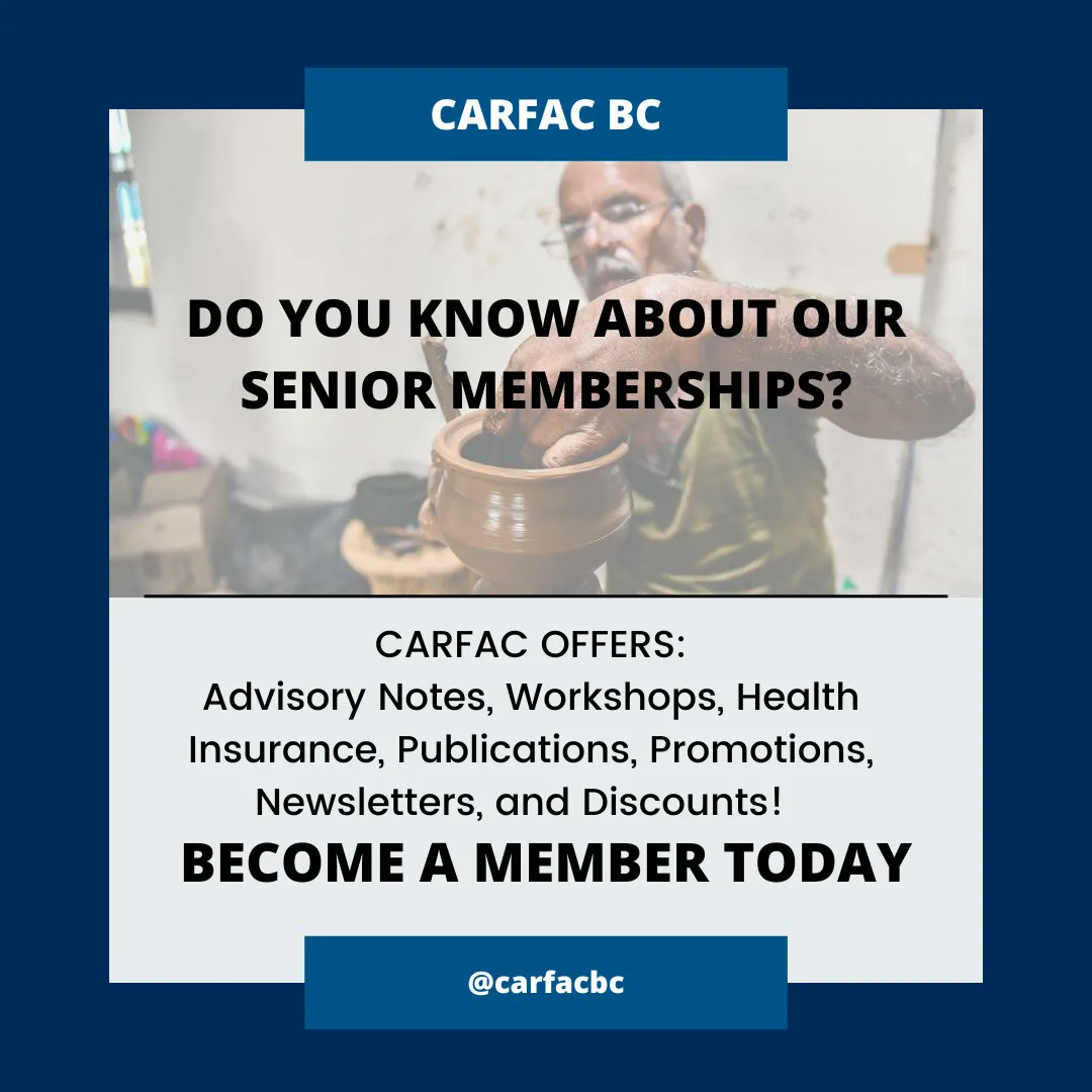 CARFAC BC offers discounts on senior memberships. Our memberships include access to advisory notes, promotions of your work, artist calls and residency opportunities, grant resources, and much more. buff.ly/3tiFkIo #bcartist #canadianartist #canadianart #CARFAC