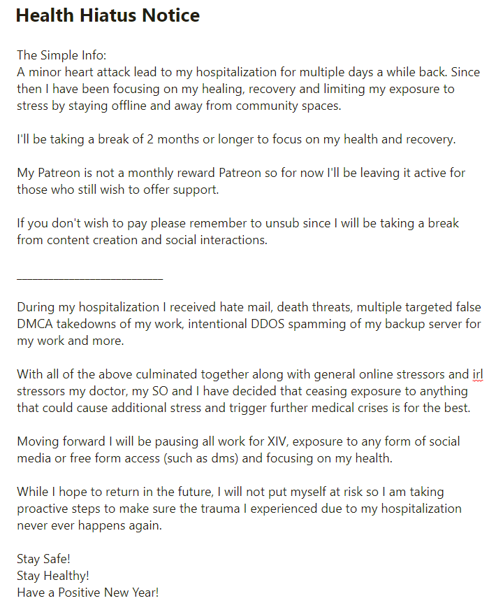 IllyXIV's tweet photo. Copy/Pasted from Patreon
This account will be going into a Hiatus until further notice. https://t.co/8C6AYKcH9B