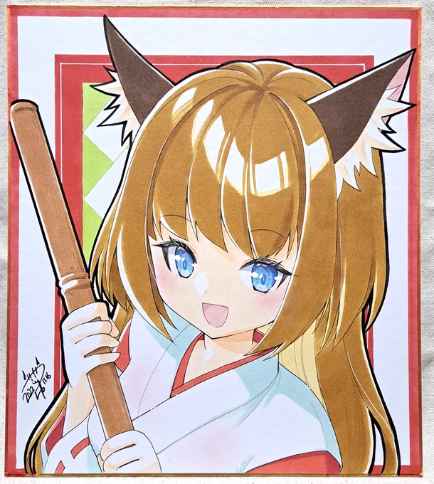 大色紙2枚お迎えありましたのでキツネちゃん表に出しました日本酒トランプも本日持ち込み分終了しています。ありがとうございました。あとアクキー原画(非売品)が隠れてるので見てってくださいねw#COMITIA142 #コミティア142 