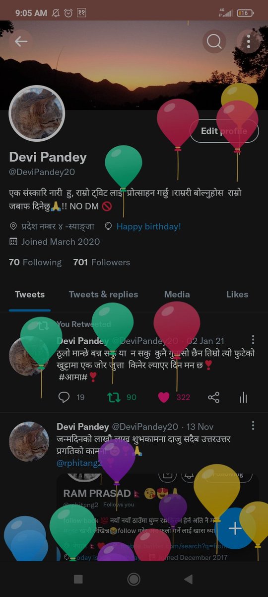 आज मेरि आमा ले मलाई संसार देखाएको दिन म रुदा मेरि आमा खुसी भएको दिन धेरै धेरै धन्यवाद आमा 😘धेरै धेरै माया अनि नमन 🙏
Happy birthday  to me😊