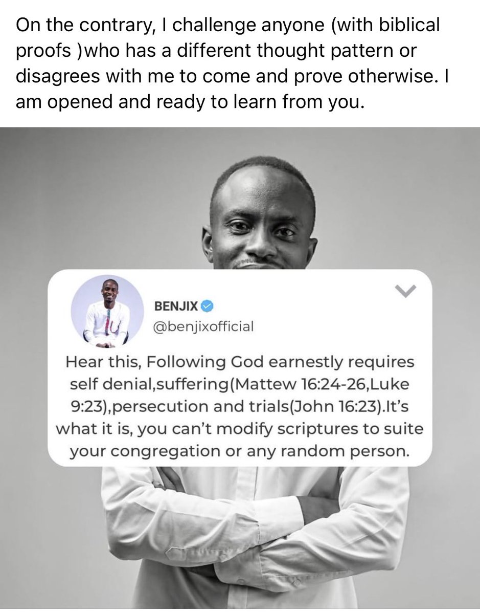 BENJIXofficial's tweet photo. Hear this, Following God earnestly requires self denial,suffering(Mattew 16:24-26,Luke 9:23),persecution and trials(John 16:23).
It’s what it is, you can’t modify scriptures to suite your congregation or any random person.

#biblicaltruth #FIFAWorldCupQatar2022 #PakistanCricket https://t.co/WiFRVZyeL4