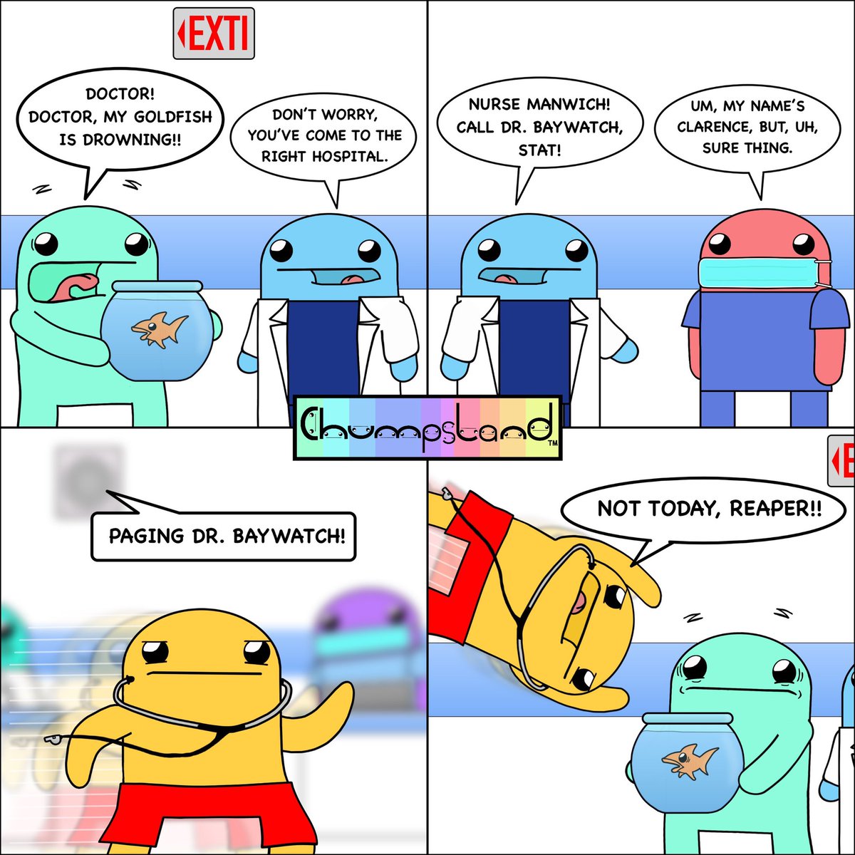 chumpsland's tweet photo. Started working a new job in a hospital recently. Can now confirm this comic is very realistic. 🧑‍⚕️🐟  #hospital #doctor #comics #comicstrip #comicstrips #webcomic #webcomics https://t.co/ro1baCD0zf
