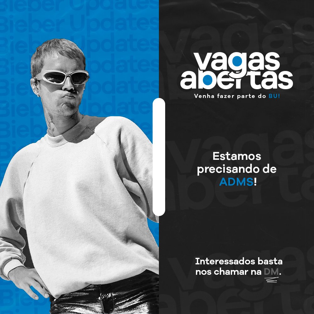 jdbupdatebr's tweet photo. RECRUTAMENTO BIEBER UPDATE! 

BIEBERNATION‼️Estamos reformando a página e precisamos de mais adms para somar forças na equipe, se você é Belieber responsável, disposto, proativo e têm algum tempo livre, nos chame na DM ou comente aqui ⬇️ https://t.co/Jvd5VMMDB1