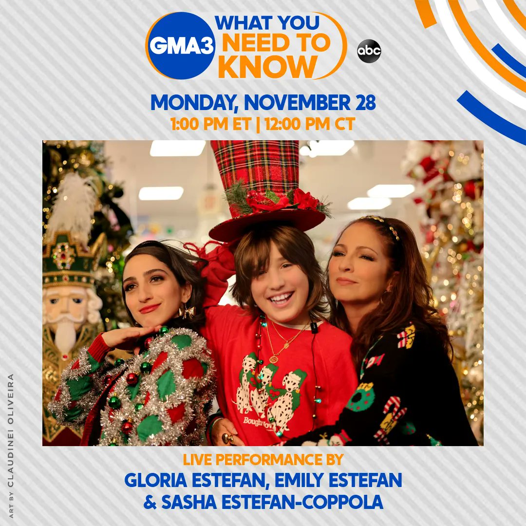 Don't miss our favorite family performing live at @ABCGMA3 this monday, november 28! #EstefanFamilyChristmas 🎄❤️🎅🏻🎶 @GloriaEstefan @Emily_Estefan #SashaEstefanCoppola