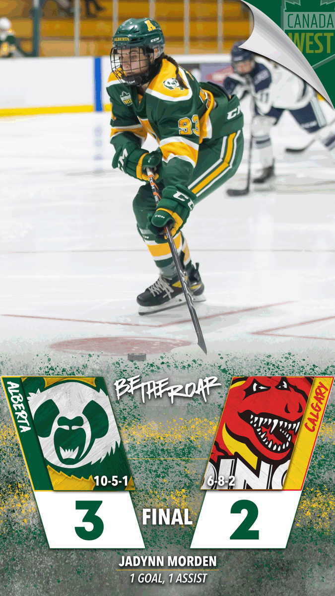 𝗙𝗜𝗡𝗔𝗟 𝗦𝗖𝗢𝗥𝗘
A bounce-back win for the Pandas down in Calgary!

Jadynn Morden leads the way with one goal and one assist, with Halle Oswald adding 27 saves in the win. 

Pandas will take on MacEwan next weekend. 

STATS: canadawest.hockeytech.com/women/stats/ga…