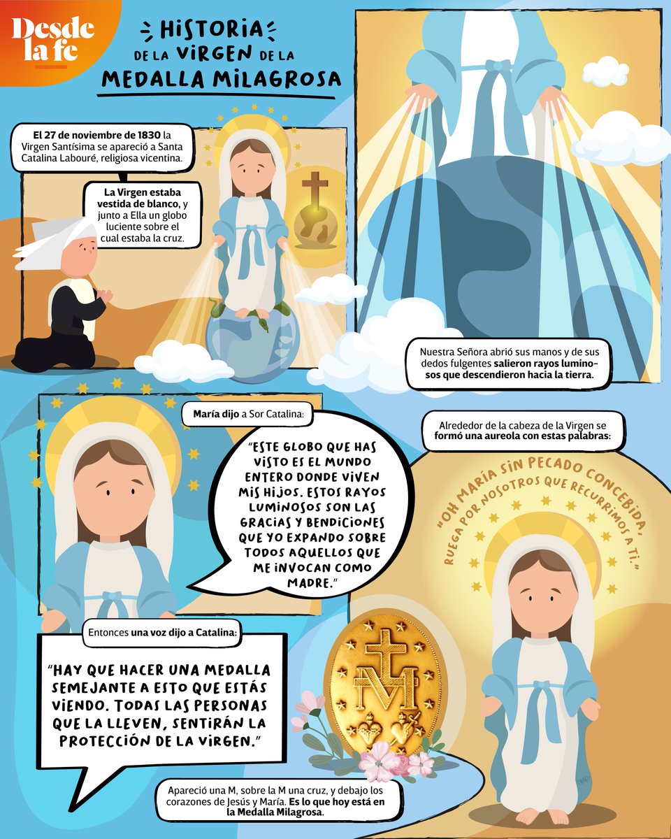 Este 27 de noviembre celebramos a la #VirgenDeLaMedallaMilagrosa, una devoción que data de 1830. Esta es la historia de su aparición. 😇👇