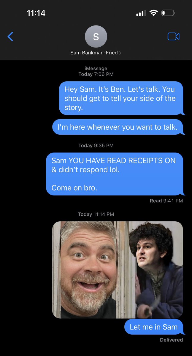 I don’t think he is answering me. 

Sam, we tried man. I guess my only direction forward is going back to bullying you. Unlesss…