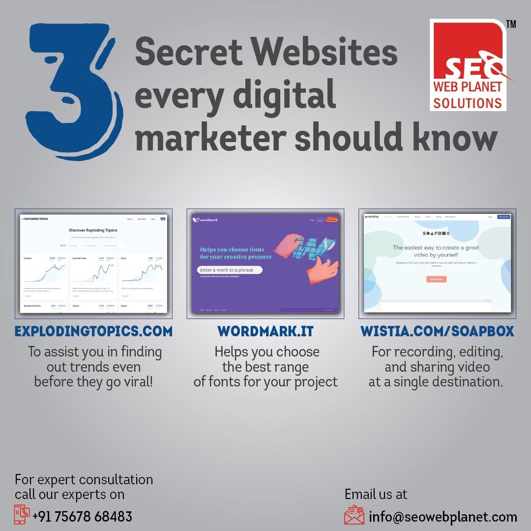 seowebplanet's tweet image. Unravel the secret and let everyone in your circle know about these websites.
Turn on the Notifications 🔔 for our page to receive the latest updates from @SEOWebplanetsolutions.
📞: +91-9825129003
📧: info@seowebplanet.com
#wistia #wordmark #explodingtopics #secretwebsites