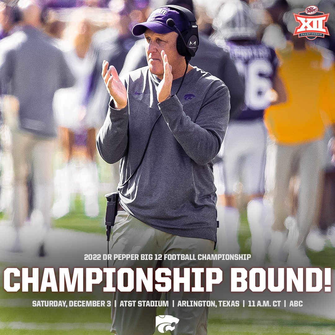 Big 12 Conference (@big12conference) on Twitter photo CHAMPIONSHIP BOUND! 🏈🏆
<a href="/KStateFB/">K-State Football</a> has clinched the second spot in the 2022 @DrPepper #Big12FB Championship game on Saturday, Dec. 3 at <a href="/ATTStadium/">AT&T Stadium</a> in Arlington, Texas at 11 AM CT on ABC.
K-State will be designated as Team B and occupy the North bench 🎟️ big12.us/3Bmflo0 CHAMPIONSHIP BOUND! 🏈🏆
<a href="/KStateFB/">K-State Football</a> has clinched the second spot in the 2022 @DrPepper #Big12FB Championship game on Saturday, Dec. 3 at <a href="/ATTStadium/">AT&T Stadium</a> in Arlington, Texas at 11 AM CT on ABC.
K-State will be designated as Team B and occupy the North bench 🎟️ big12.us/3Bmflo0