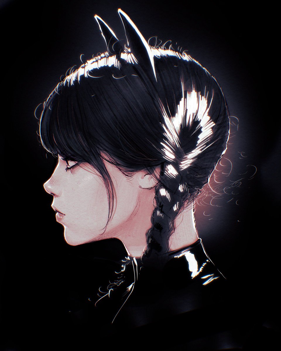 1girl solo braid black hair black background profile portrait  illustration images