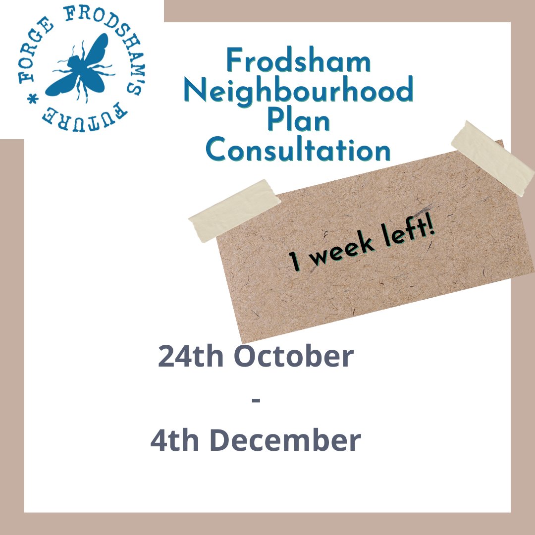 ONLY 1 WEEK LEFT!
Don't miss your chance to have your say in Frodsham's future.
Read and comment on the Neighbourhood Plan asap!
See it here: bit.ly/3D4a44Y