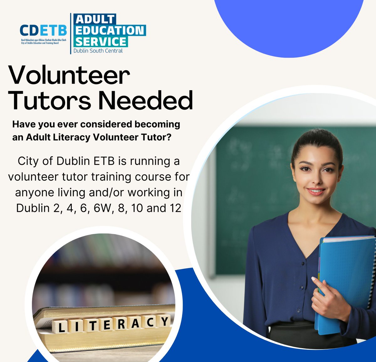nalaireland's tweet photo. Have you considered becoming an Adult Literacy Volunteer Tutor?

Contact @CityofDublinETB about their volunteer tutor training course

✅ Dublin 10 – catherine.twomey@aes.cdetb.ie
✅ Dublin 2, 4, 6, 8 – denise.shannon@aes.cdetb.ie
✅ Dublin 6W, 8, 12 – marie.reilly@aes.cdetb.ie https://t.co/iN1lTPQsdx