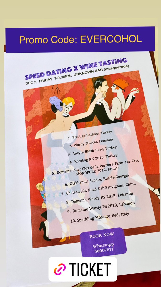 Evercohol's tweet image. eventbrite.hk/e/speed-dating…

Enter promo code: EVERCOHOL to receive 10% discount 

#wine #winelover #winetasting #winelovers #hongkong
