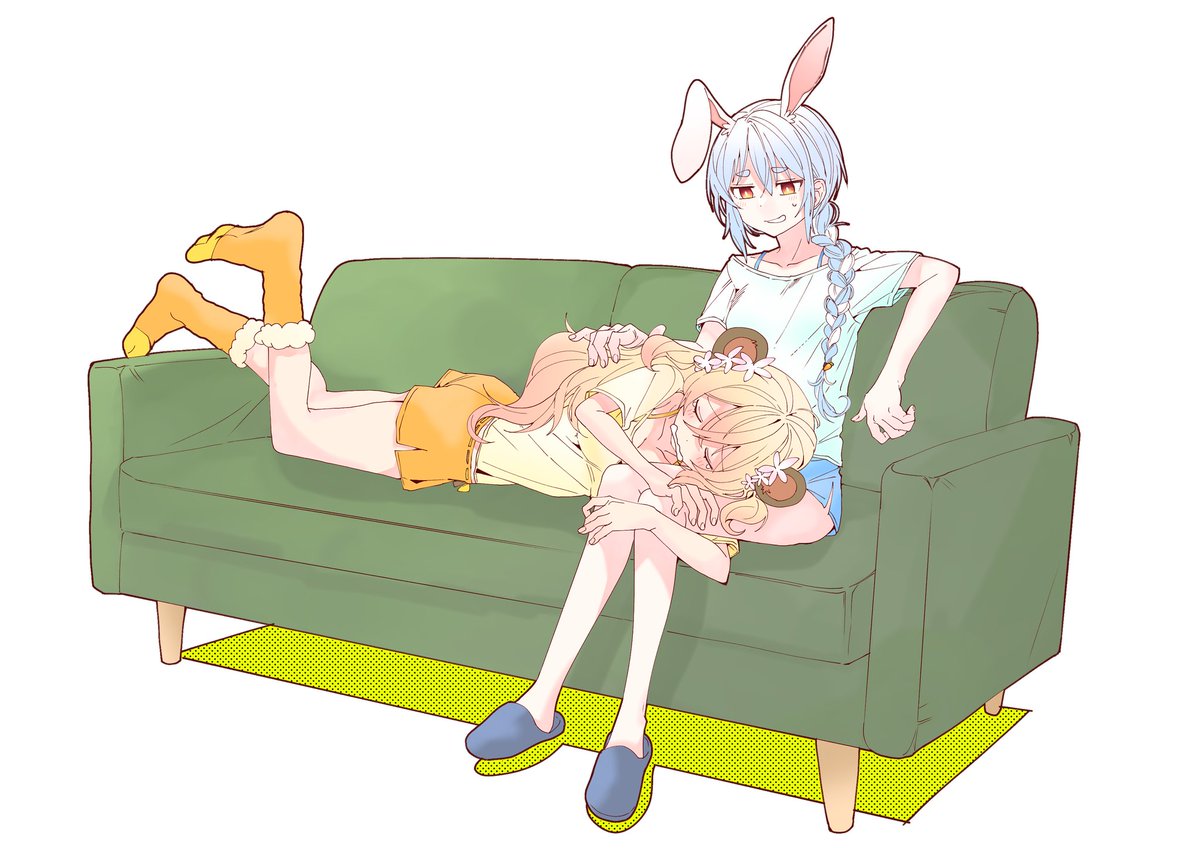 momosuzu nene ,usada pekora multiple girls animal ears 2girls rabbit ears blue hair couch blonde hair  illustration images