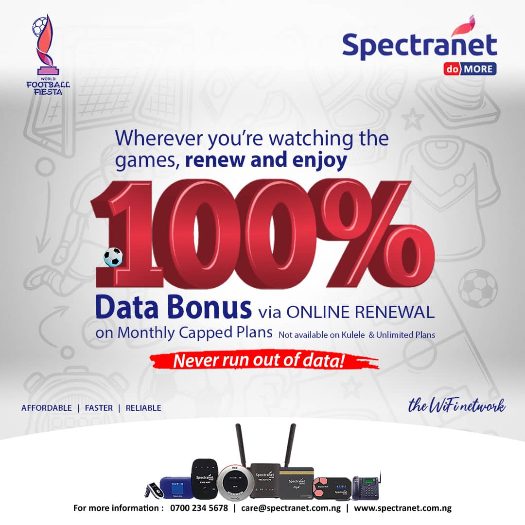 Spectranet_NG's tweet photo. As the world's biggest football fiesta gets more exciting, NEVER RUN OUT OF DATA! Renew today and enjoy 100% bonus for even more exciting moments ahead. #Stayconnected and #doMore of football on #theWiFiNetwork
#Football https://t.co/3w3C56eB0m
