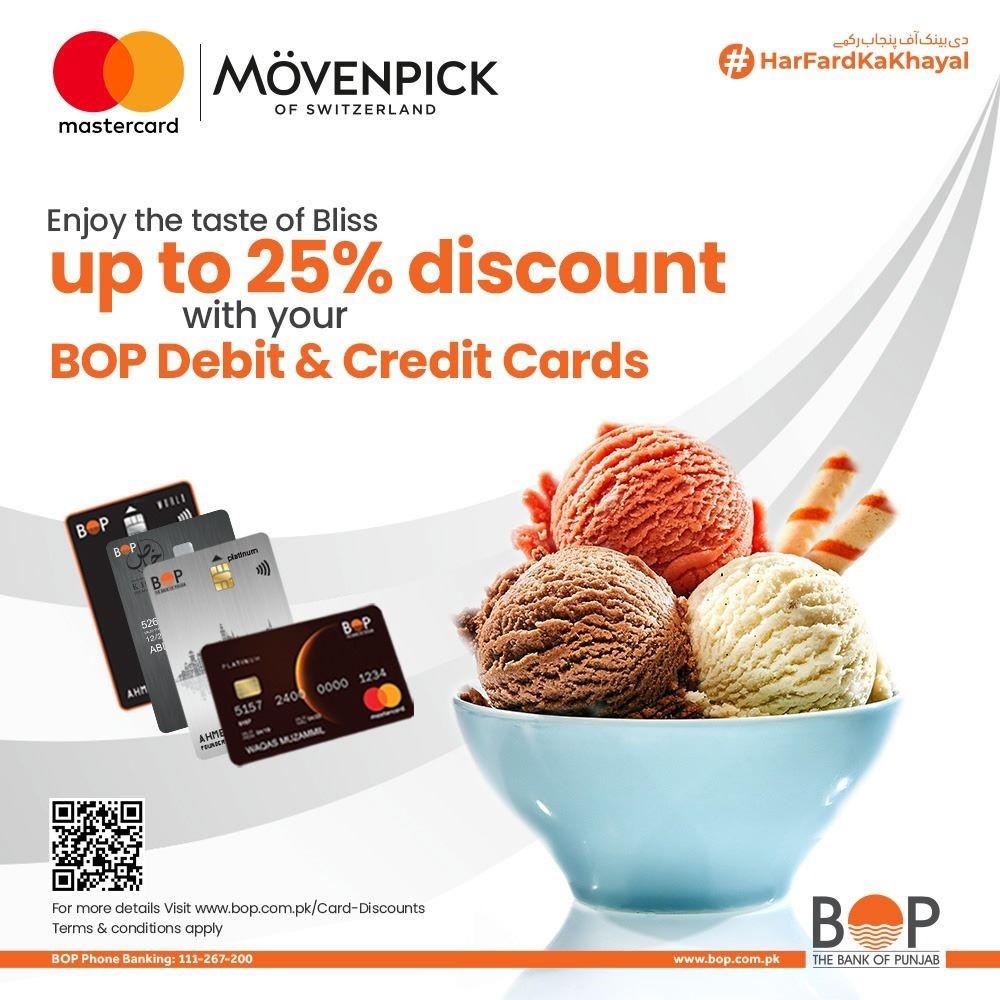 thebankofpunjab's tweet photo. Whatโs better than chilling with an ice cream in the winter season?
Fulfill all your sweet cravings with an exclusive discount of up to 25% at Mรถvenpick with the Bank of Punjab Debit and Credit Cards.
#TheBankOfPunjab #HarFardKaKhayal #BopCards #Movenpick https://t.co/N72ZHJfEuS