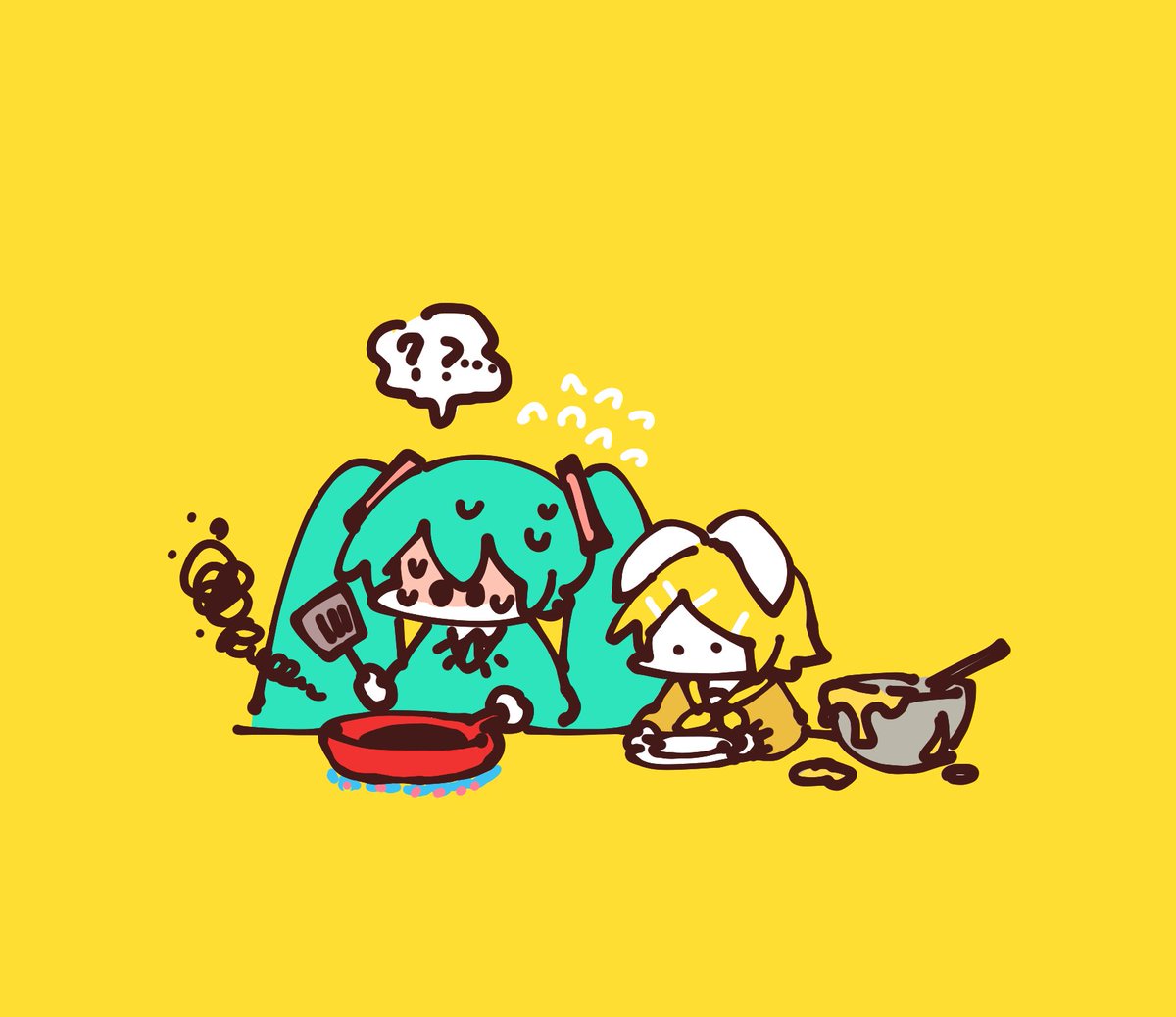 hatsune miku ,kagamine rin 2girls multiple girls ? spatula cooking twintails blonde hair  illustration images